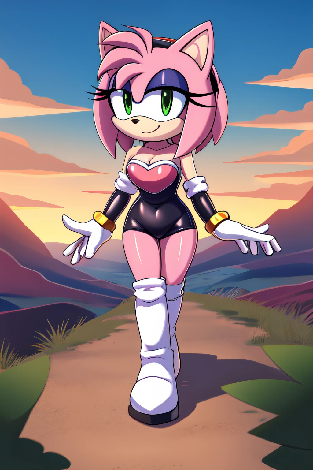 ((Mejor calidad)), ((obra maestra)), (detallado), cara perfecta, Amy Rose, girl body, white panties, topless, knight armored gauntles, knight armored high boots
