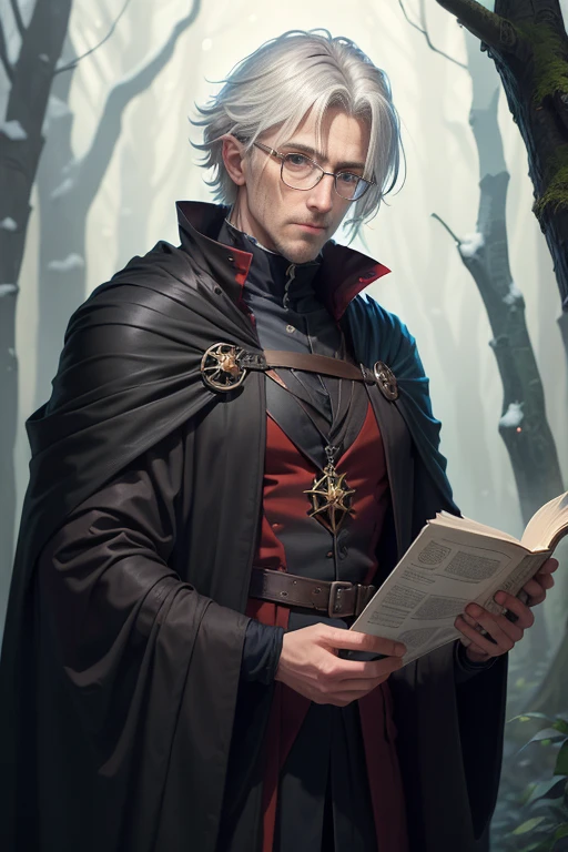 there is a man on his thirties in a gray/black robe reading a paper, he is in a dark forest, rpg book portrait, portrait of an adult boy, old looking face, has a serious face the same face of Alexander Anderson from hellsing, roleplaying game art, male warlock, portrait of a mage, caleb from critical role, black - haired mage, picture of a male warlock, thin adult boy male alchemist, portrait of merlin, casimir art, blonde hair, wears round eyeglasses, (similar to Alexander Anderson from Hellsing)