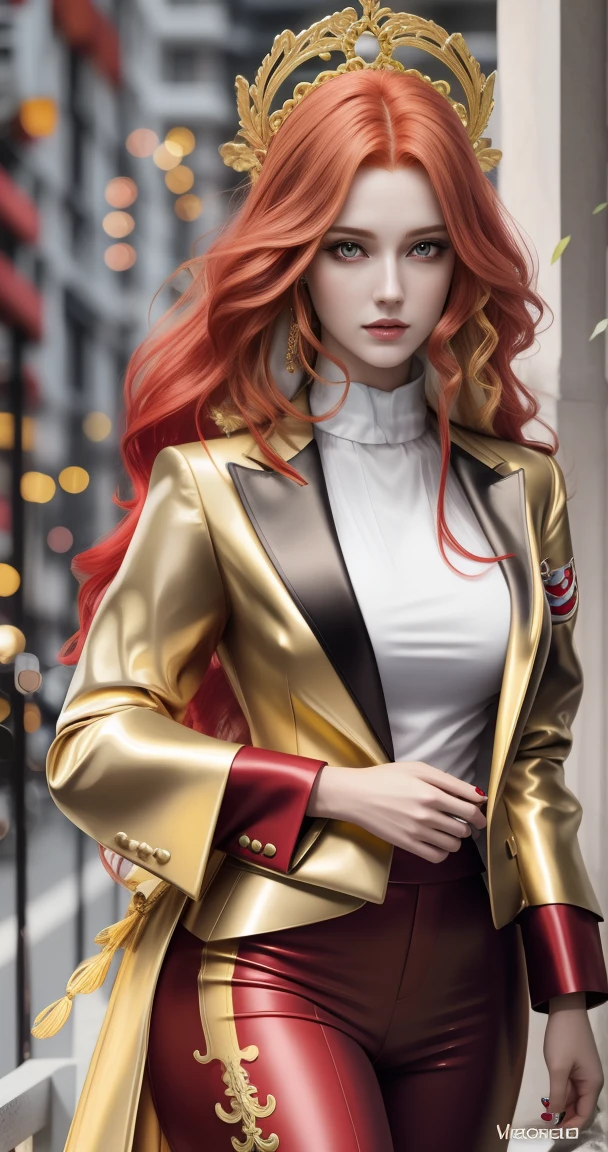 Beautiful tall woman with red hair and yellow eyes super realistic and well detailed suit outfit