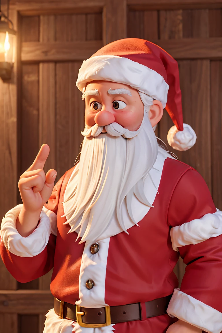 Santa Claus is waving his hands in a right hand gesture, Santa, Papai Noel, Papai Noel, he is greeting you warmly, holiday season, fotografia de close-up, trending ,, catalog photo, iStock, usando roupas festivas, imagem promocional, Foto O Closeup, : :, imagem vazada, Foto de Stock, Ad image, imagem detalhada, santa inside a rustic barn, Legendas, cinematic picture, ....3d, realista