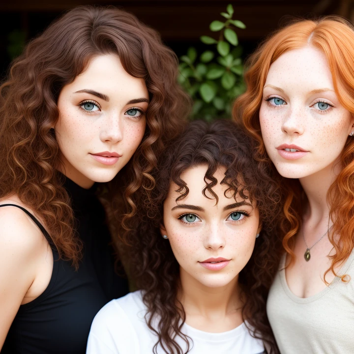 brown curly long haired woman with ginger woman with freckles