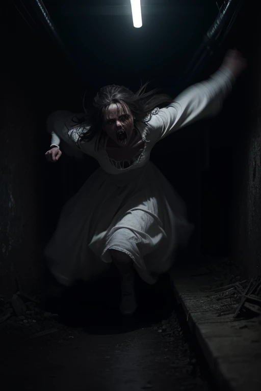 horror art, dread, Best quality, masterpiece, ultra high res, (photorealistic:1.4), Action shot of terrifying ghost chasing after the viewer, dynamic running, in a decrepit underground tunnel in Hell, creepy, white dress, unnerving, unsettling, terrifying, 80mm, horror lighting, dynamic action