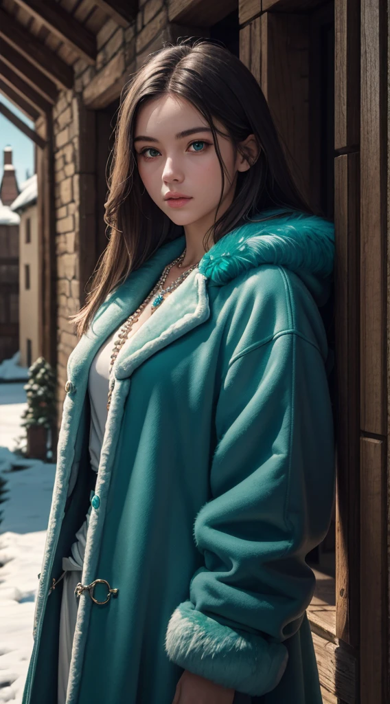 RAW, professional photograph, medium shot, photorealistic, realistic lights, realistic shadows, hyper-realistic, ray tracing, super detail, UHD, 8k, female, twenty years old, athletic body, soft facial features, long hair, straight hair, cyan hair, cyan eyes, bear fur coat, emerald necklace, winter, medieval town