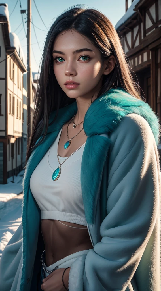 RAW, professional photograph, medium shot, photorealistic, realistic lights, realistic shadows, hyper-realistic, ray tracing, super detail, UHD, 8k, female, twenty years old, athletic body, soft facial features, long hair, straight hair, cyan hair, cyan eyes, bear fur coat, emerald necklace, winter, medieval town