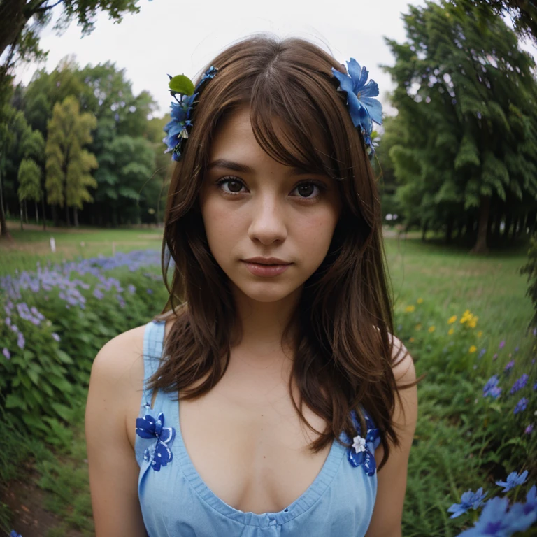 fisheye lens of a brown haired girl with blue flowers in her hair