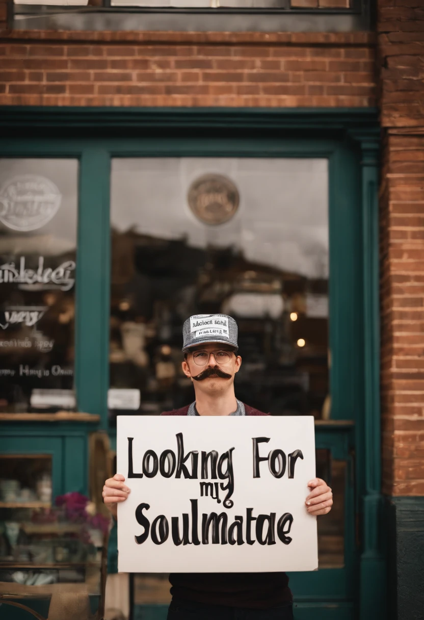 A photo of Timothy holding a homemade sign that says 'Looking for my cake-loving soulmate' while standing in front of a popular bakery.,original,Hipster, mustache, man, wears mariners hat,, male