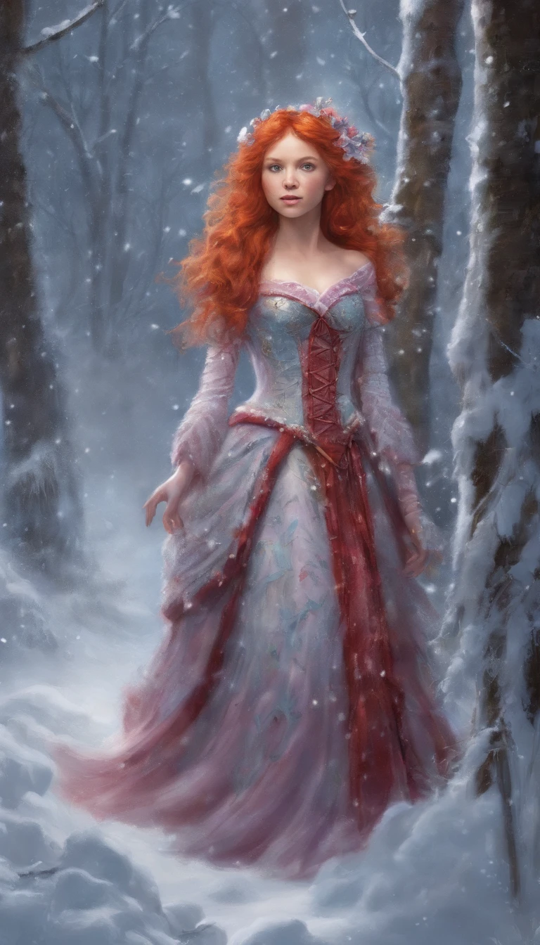 Red haired girl, 2 feet of snow, snow up to her waist, in a forest