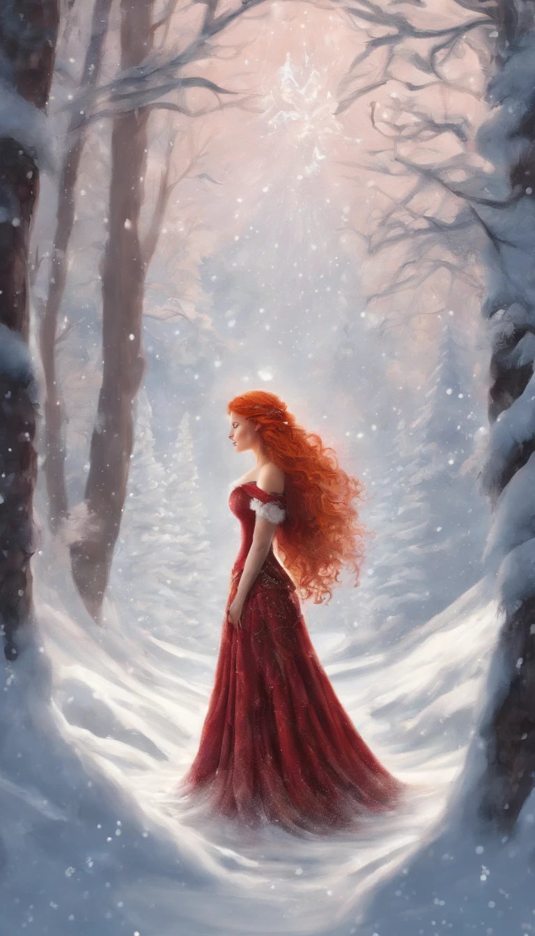 Red haired girl, 2 feet of snow, snow up to her waist, in a forest