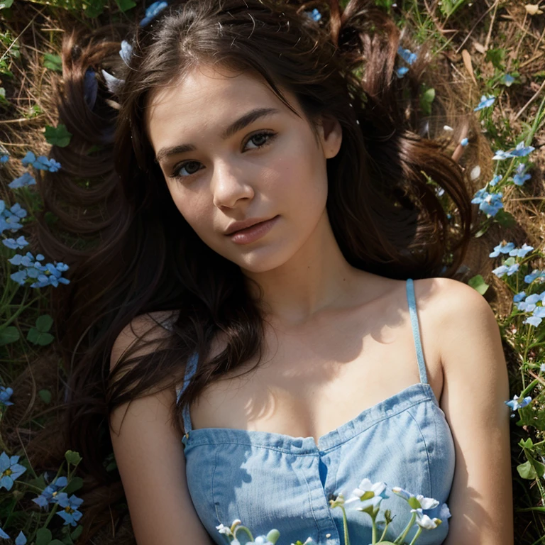 young woman laying in a field of forget-me-nots