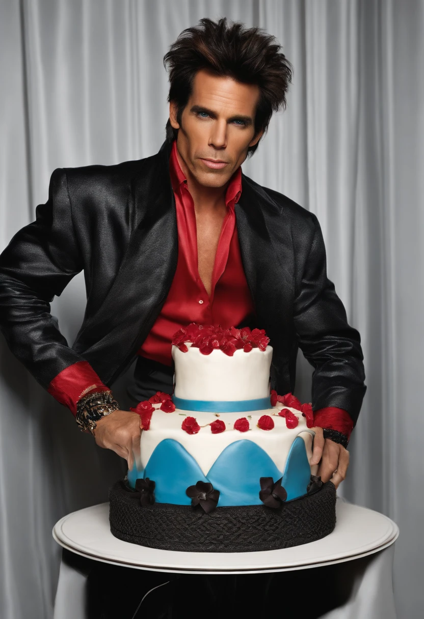 A photo of Derek Zoolander using high fashion accessories to decorate a cake,Zoolander films,Derek Zoolander, the fictional supermodel from the “Zoolander” films, played by Ben Stiller, is known for his distinctive and exaggerated fashion style. He often sports flashy, avant-garde outfits that mirror the over-the-top nature of the fashion industry he represents. Derek’s signature “Blue Steel” look is characterized by his pursed lips and intense, smoldering gaze, which he comically believes to be highly influential and groundbreaking. His well-groomed hair and chiseled facial features contribute to his portrayal as a somewhat clueless yet beloved fashion icon., male