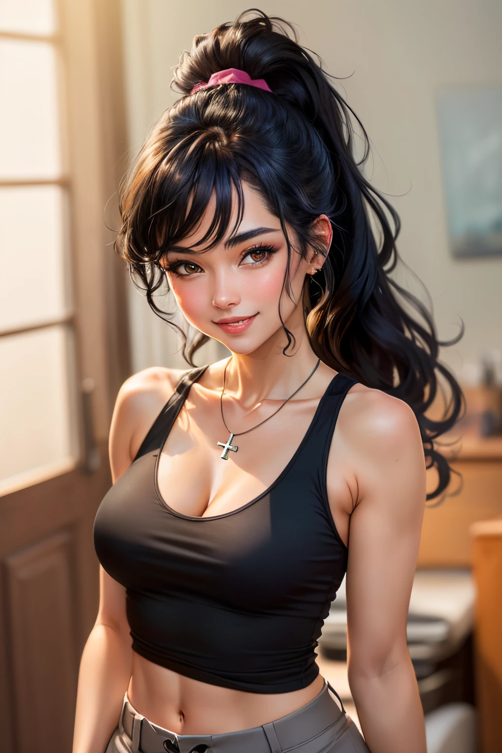 Amazing portrait of a sexy woman wearing her luscious black hair in a ponytail, seductively gazing and smiling, soft lips, parted, blushing intensely, smiling, grey tank top, black shirt, black cargo pants, cross necklace, medium chest, perfect body