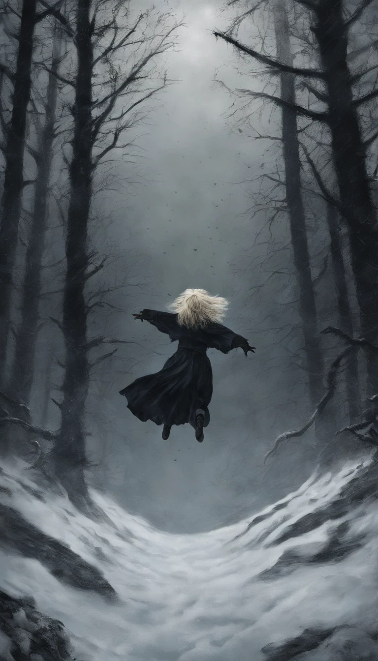 Blonde haired girl, flying through the air, surround by snow, in a forest