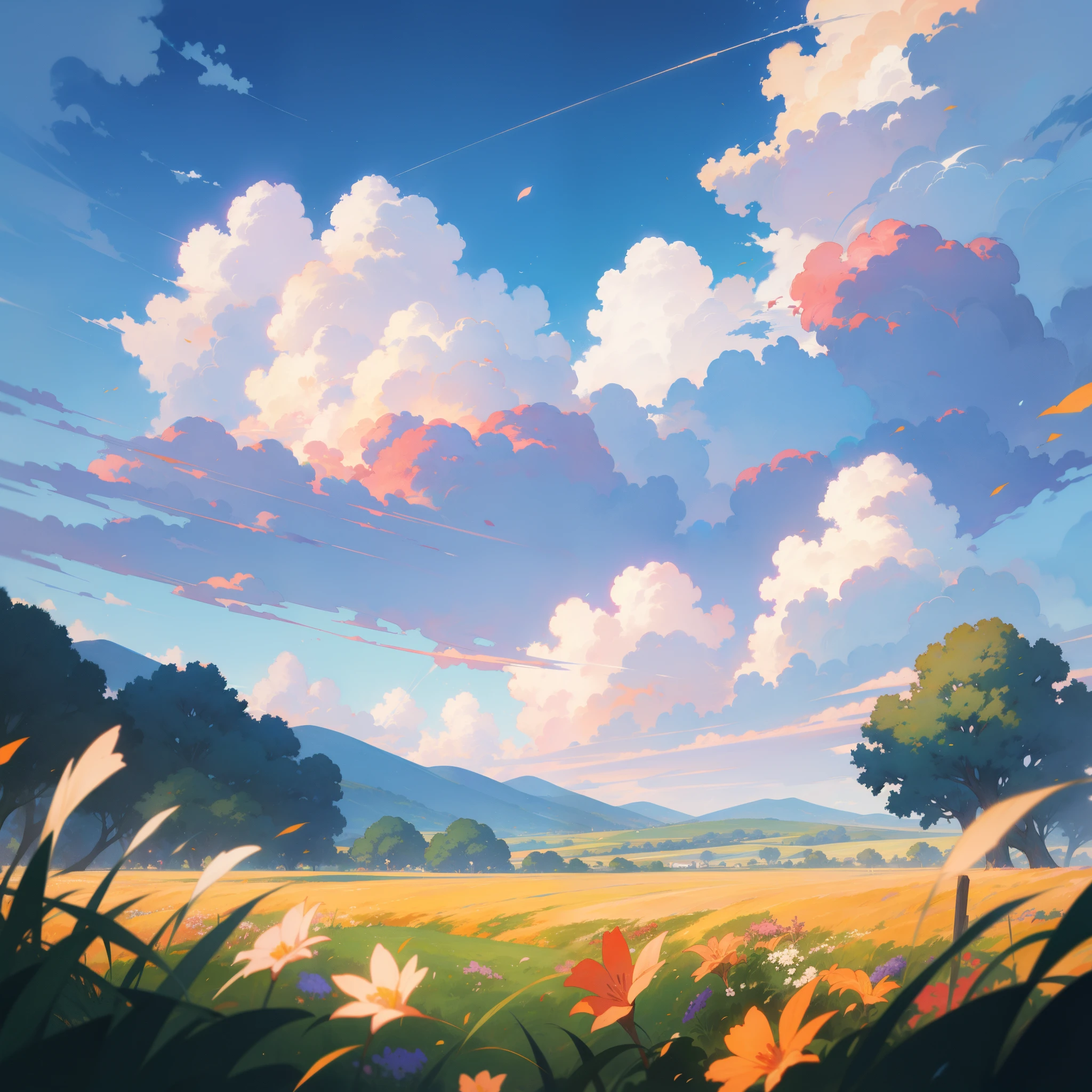 Anime landscape of a field with flowers in the sky, beautifull puffy clouds. Anime, anime clouds, anime countryside landscape, Anime landscapes, by Ross Tran. scenic background, detailed scenery —width 672, rhads and lois van baarle, style of makoto shinkai, studio glibly makoto shinkai