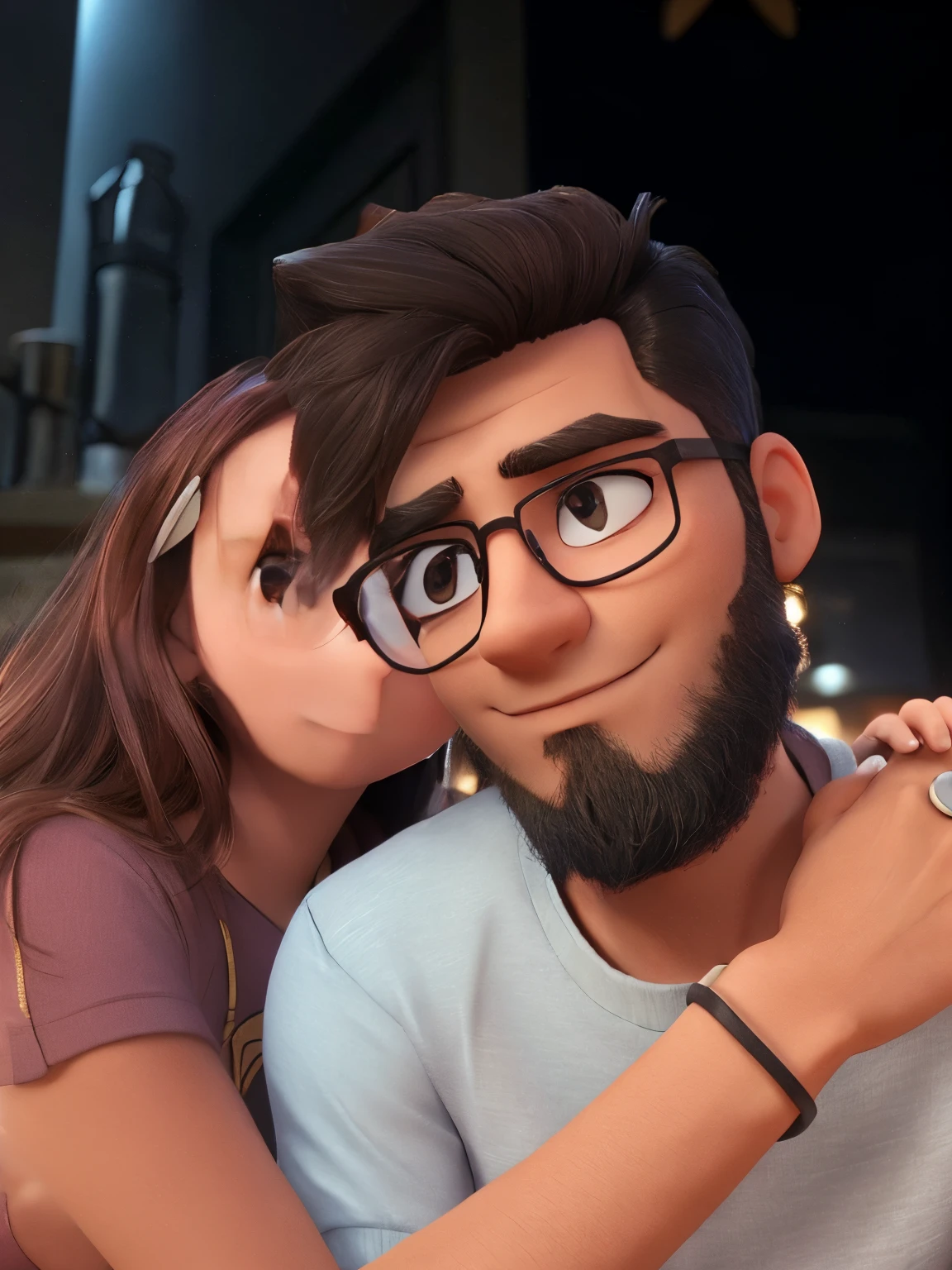 my girlfriend with one hand around my shoulder from the front. wearing a burgundy color outfit, she has on a bracelet. the guy is wearing a gray shirt with blue color for the side of the shirt, wearing black glasses