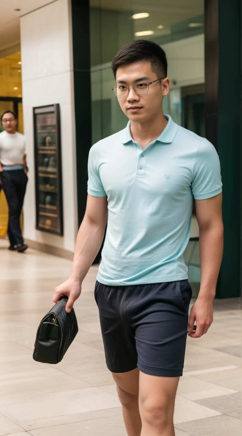 Andrew thomas huang, oval face, eyeglasses, slim muscular, polo shirt, (shorts, bulge), hands holding bag, walking inside mall, full body