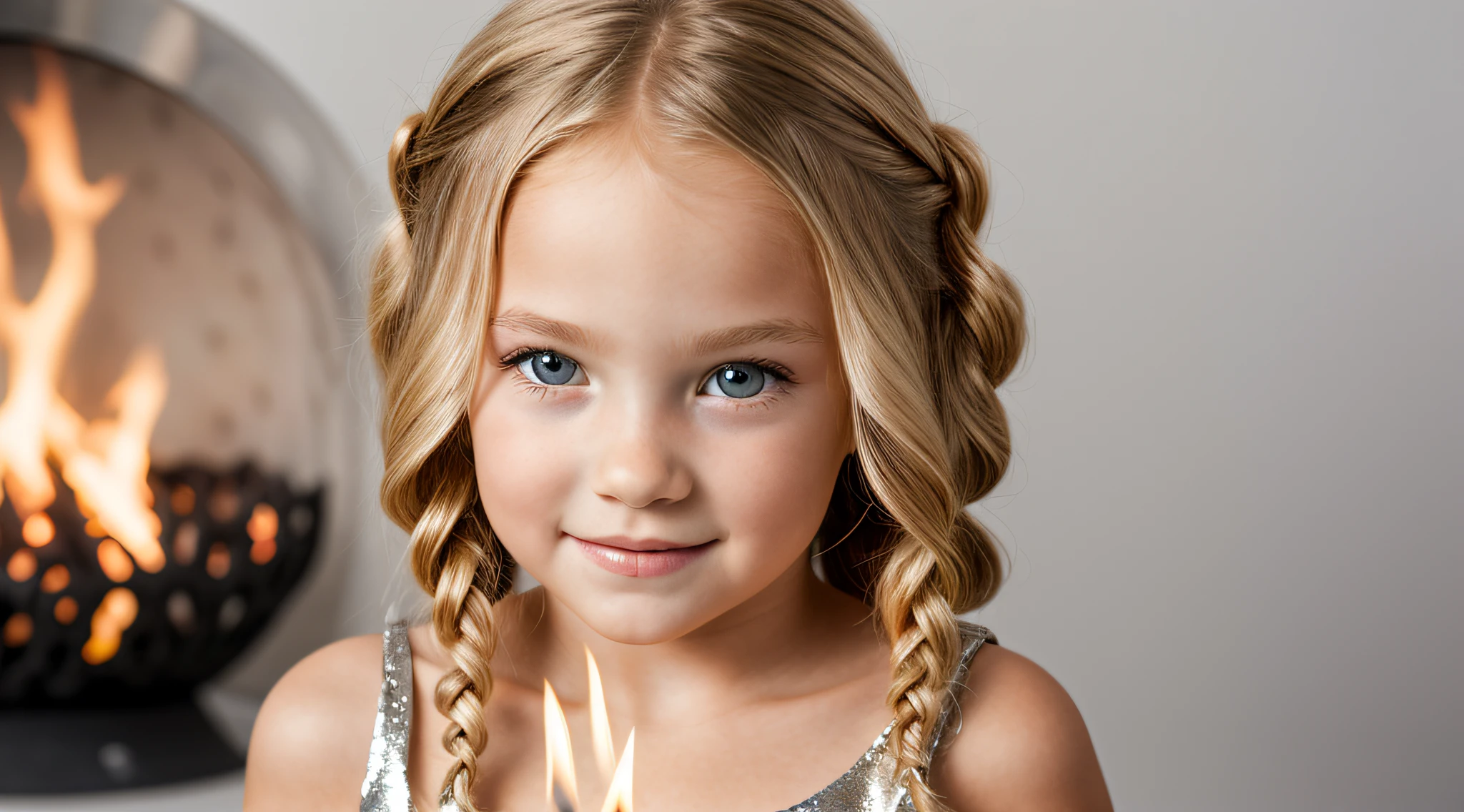 close-up CHILDREN BLONDE GIRL WITH LONG HAIR BRAIDS, em um fundo FIREHEAD., usando um vestido prateado, vestido prateado e halo em chamas, Studio photo session, fundo branco.