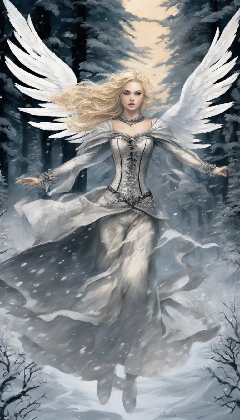 Blonde haired girl, flying through the air, surround by snow, in a forest