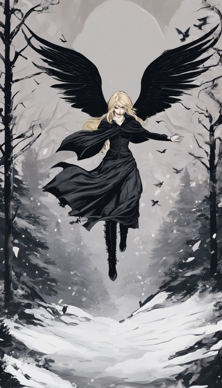 Blonde haired girl, flying through the air, surround by snow, in a forest