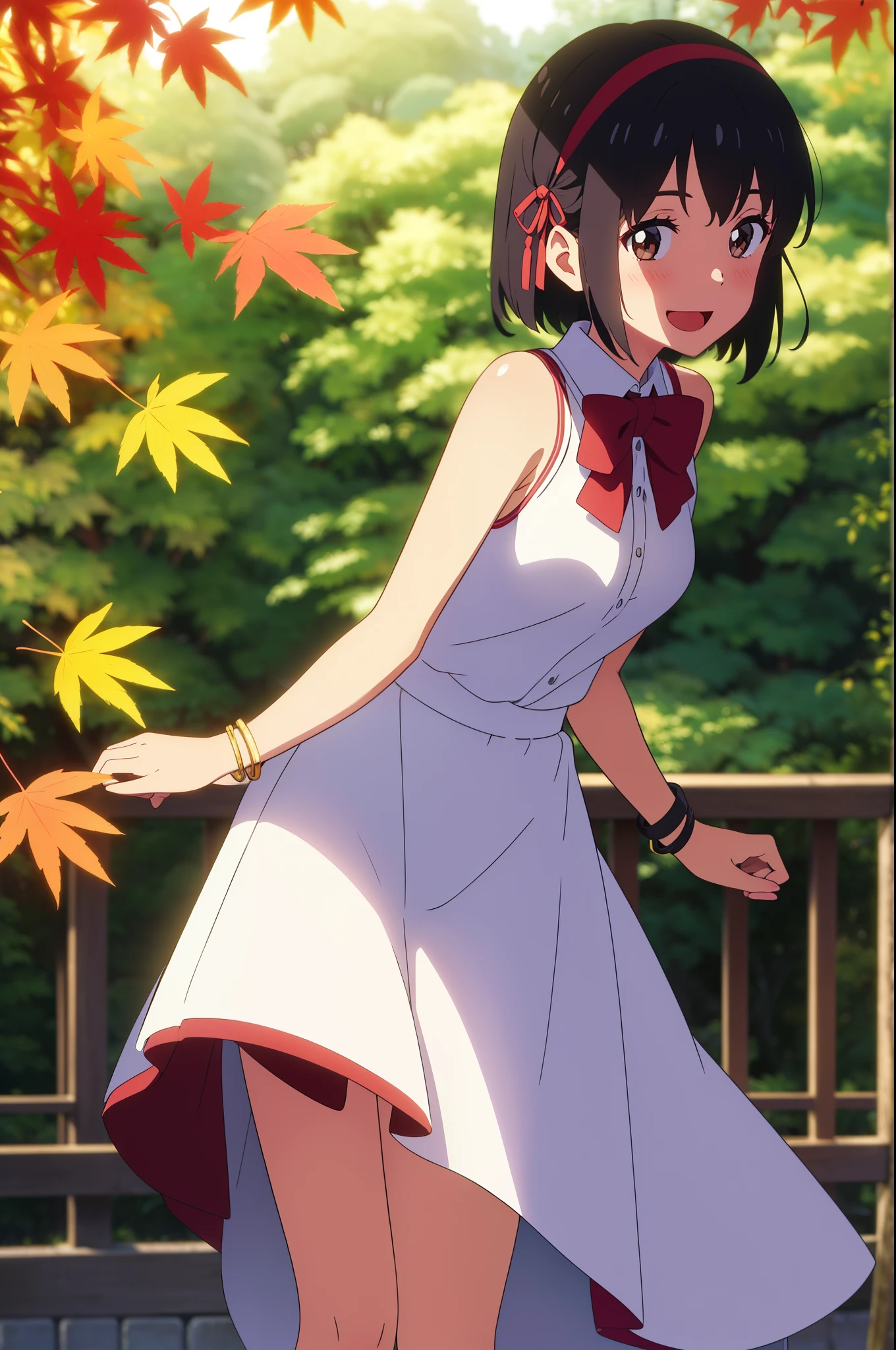 (masterpiece, best quality, high quality, highres, ultra-detailed), shinkai makoto, kimi no na wa., 1girl, bangs, black hair, blush, bright eyes, brown eyes, headband, looking at the viewer, red bow, red headband, red ribbon, dress, white dress, short hair, medium breasts, solo, day, Outdoors, shiny skin, standing, shadow, smile, happy, :D, bracelet, {{{{{{in autumn}}}}}}, maple tree, falling leaves, autumn scenery, warm color., beautiful, pretty, {{{{fluttering leaves}}}}