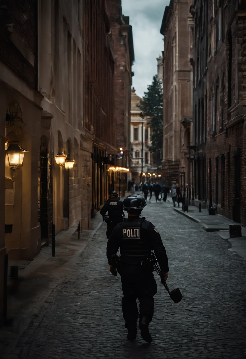 movie set, scene, police officers chasing down a man down the street, street photography, cinematic photography, camera crew visible, professional photography