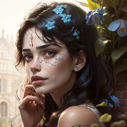 realistic serious looking black haired woman holding a forget-me-not