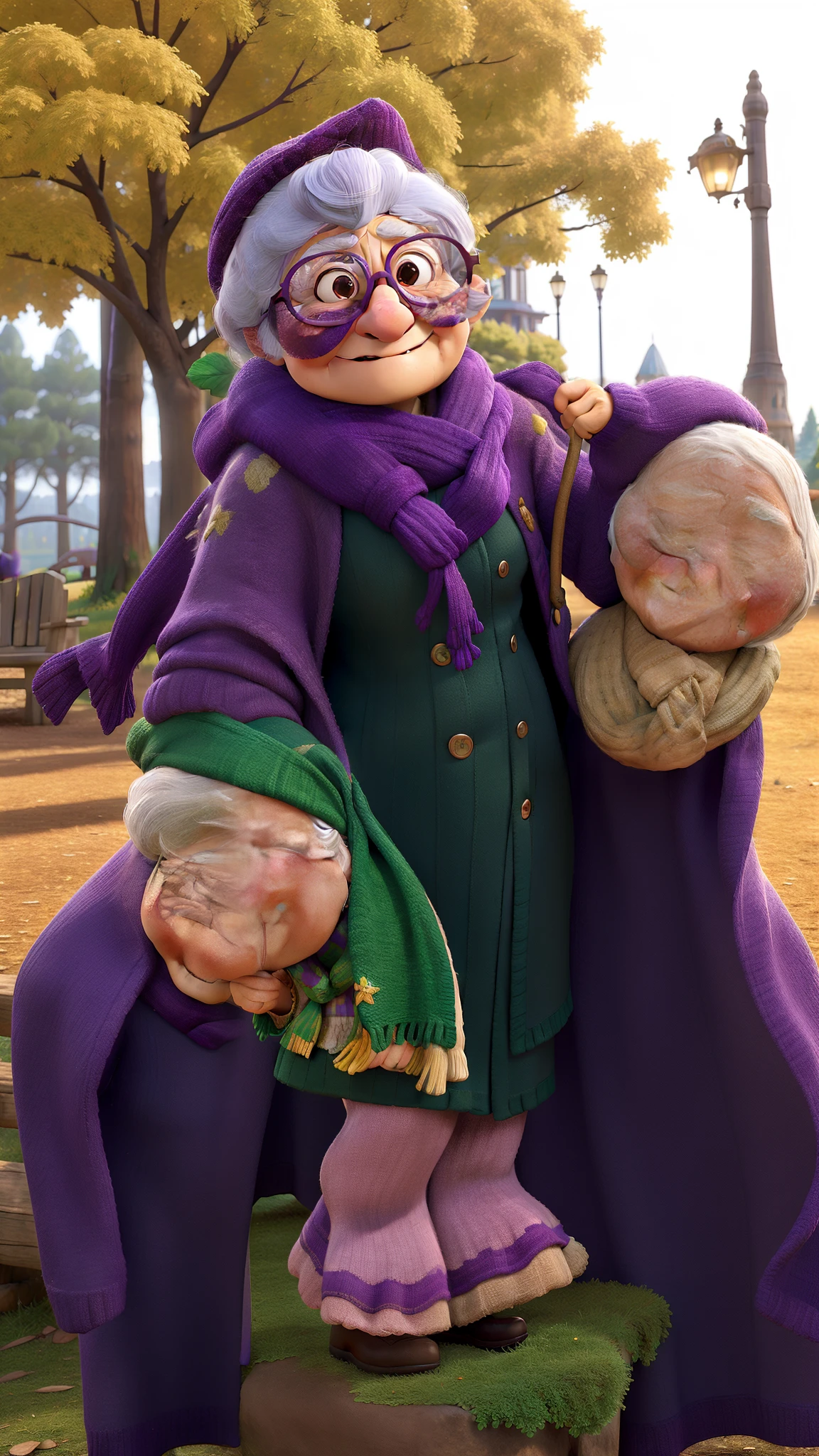 masterpiece, best quality, an old woman with glasses and a scarf on, wearing a purple coat and green scarf, standing at the park