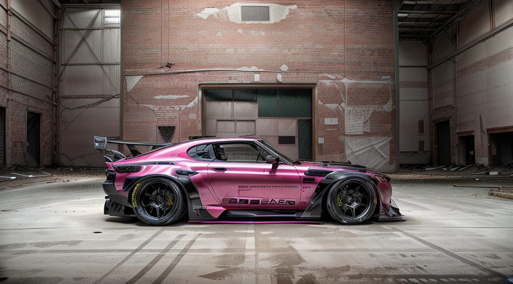 Supercar concept art((pink and black paintwork)), LB-Silhouette WORKS body kit, Forza horizon, gran Turismo aesthetic, trending on artstation, cgsociety, side angle shot, custom design build, cinematic composition, sd HDR studio light, sharp details, crisp, accurate, meticulous, assaul vehicle, military grade, 3ds max, corona render, sharp, focus, menacing look, large rear spoiler, high performance enhanced exhaust system, ((liberty walk body kit)); photo realistic, insanely detailed, ray tracing, subsurface scattering 8k, ((parked in an abandoned warehouse, derelict and lifeless space)), directional lighting, hazy and atmospheric, ominous, stealth built, highly detailed racing interior,