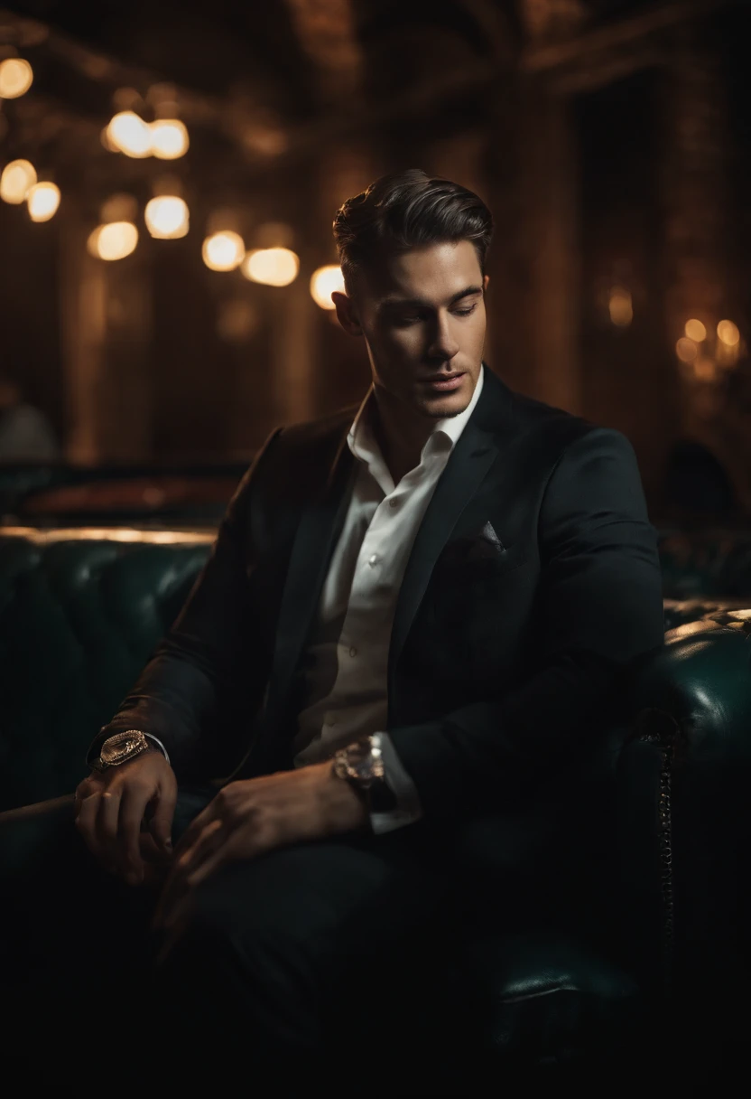 man, in a nightclub, in the VIP section, sitting comfortably, in fashion photography, clubbing partying people in the background, designer clothes, professional photography, 4k