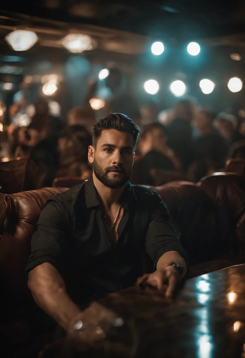 man, in a nightclub, in the VIP section, sitting comfortably, in fashion photography, clubbing partying people in the background, designer clothes, professional photography, 4k
