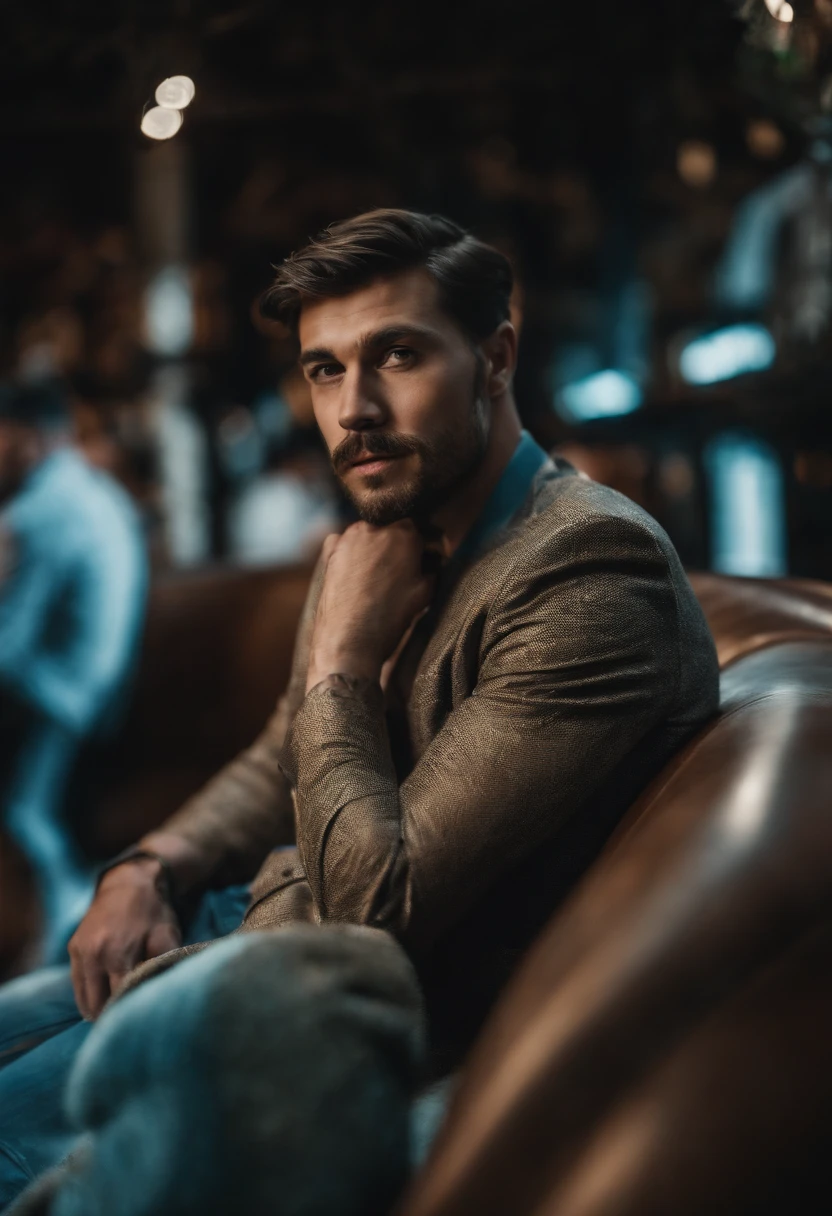 man, in a nightclub, in the VIP section, sitting comfortably, in fashion photography, clubbing partying people in the background, designer clothes, professional photography, 4k