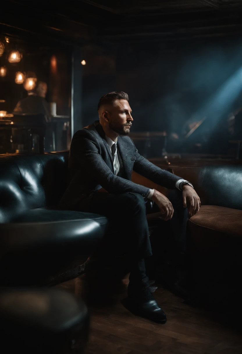 man, in a nightclub, in the VIP section, sitting comfortably, in fashion photography, clubbing partying people in the background, designer clothes, professional photography, 4k