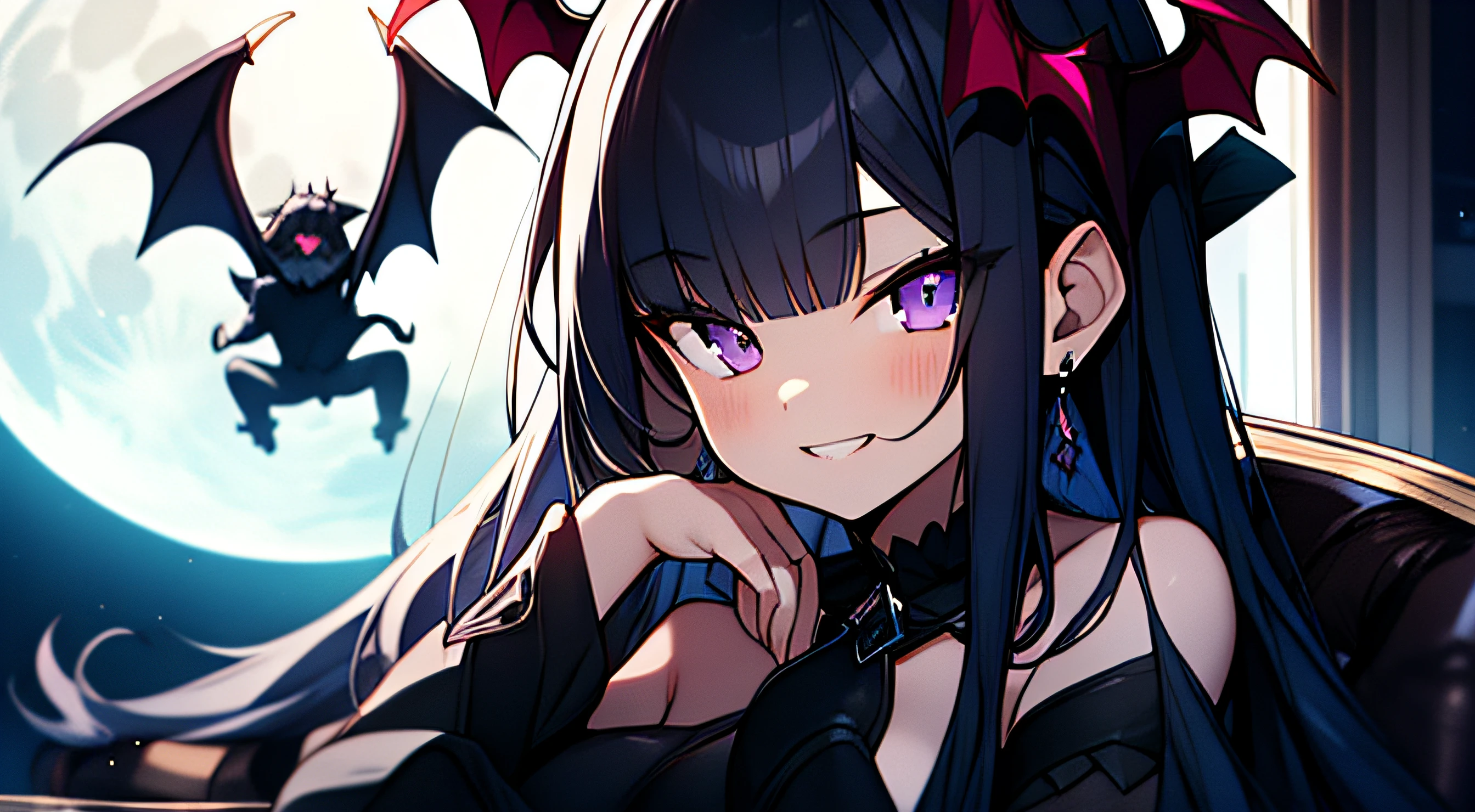 (Moon Night), alluring succubus,Ultra-detailed Rihanna as Satan on the throne of hell, Lori, Vampire, Dark Gothic, fishnet tights, brack, (A dark-haired), asymmetrical bangs, Blunt bangs, Straight hair, Long sideburns, two side up, Devilish girl, Purple eyes, tusk, sparking eyes, kawaii, Cute, Naughty smile, double tooth, Dark Forces, sharpteeth, Cowboy Shot, Little Girl