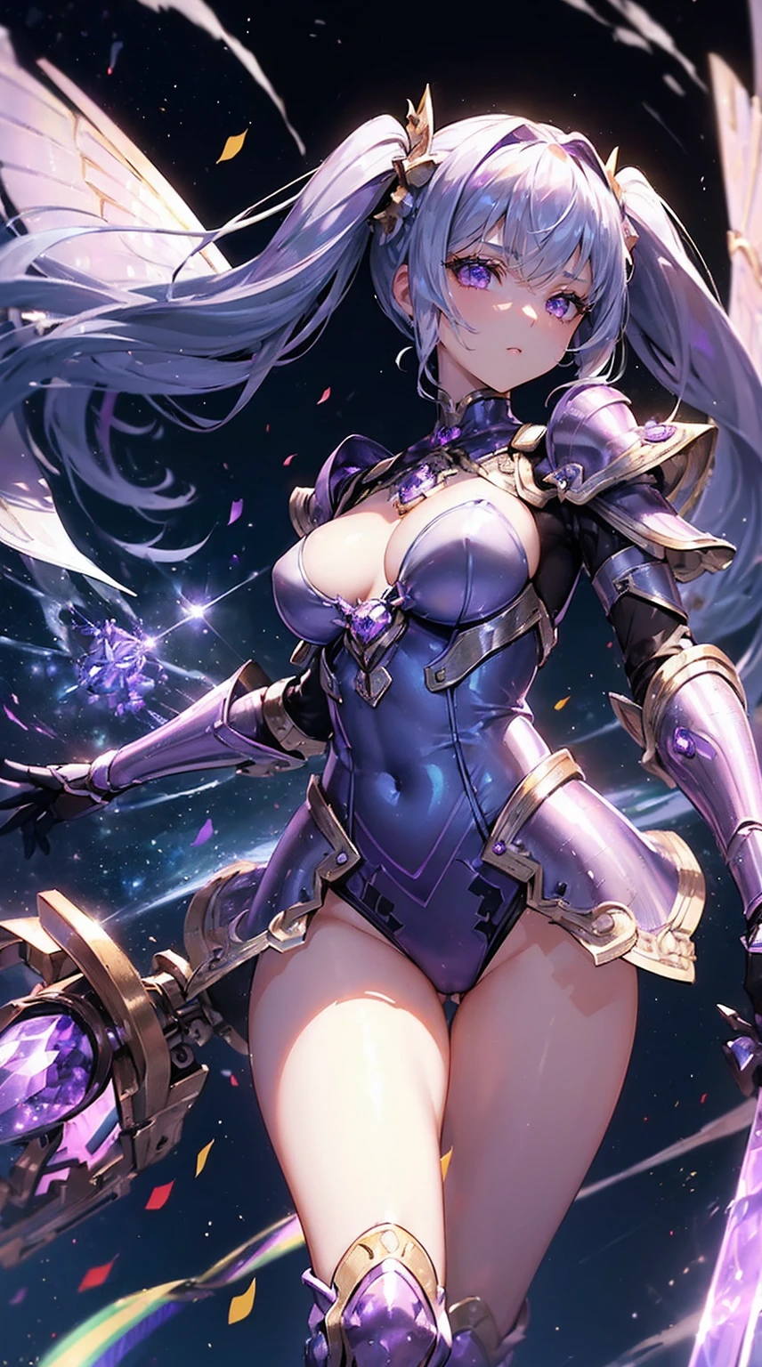 (((masterpiece))), (((highest quality))), ((ultra-detailed)), ((super fine illustration)), ((ultra-fine painting)), (upper body:1.2), Highly detailed and delicate illustration style, detailed skin texture, detailed metal texture, detailed cloth texture, extreme detailed description, (T-masterpiece), (highly detailed face), original, raw photo, professional, Intricate details, super details, intricate ornament details, perfect anatomy, (16-years-old), (sexy), (sexy), real, ((Solo)), ((A beautiful and cool girl marshal with beautiful hair and eyes dressed as a mechanical angel)) BRAKE Beautifully shaped small breasts, Beautifully shaped small buttocks, (The beautiful, shiny silver twintails are extremely detailed and delicate and shine in rainbow colors, colorful hair:1.2), (Beautiful clear purple eyes that shine with great detail and delicate:1.2), (beautiful hands and fingertips:1.2) BRAKE ((sophisticated mechanism:1.4))Smooth and menacing design, (Sleek large highly detailed and delicate mechanical wings in a glowing amethyst purple color:1.4)), ((A very mysterious and sacred large sword that shines in rainbow colors with amethyst purple color exclusively for marshal girls:1.3)), ((High-speed, high-mobility, iridescent, highly detailed and baptized mechanical armor for marshal girls in amethyst purple color:1.3)) BRAKE concept-art, Detailed Science Fantasy Art, (Battle Pose), ((Highly detailed and sophisticated slashing pose:1.1)) BRAKE (Highly detailed and delicate starry sky), (other world), no robot, (close mouth), Front view, (8K highest quality wallpaper:1.2), (Highly detailed and delicate background:1.2) BRAKE (cute background, Geometric patterns, vivid color background:1.5), (colorful confetti:1.15) BRAKE (NSFW) BRAKE