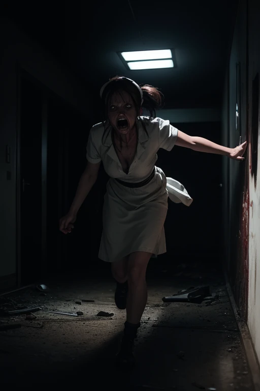 horror art, Best quality, masterpiece, ultra high res, (photorealistic:1.4), Action shot of terrifying dead nurse chasing after the viewer, dynamic running, in a in an abandoned psychiatric hospital, creepy, white dress, unnerving, unsettling, terrifying, 80mm, horror lighting, dynamic action