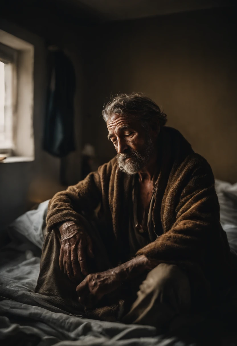 dirty homeless man, wearing torn clothes, holding golden bag and wearing golden necklace, jewellery, living in disorganized hotel room, laying sleeping on bed with white sheets, dramatic lighting, aerial shot, professional photography