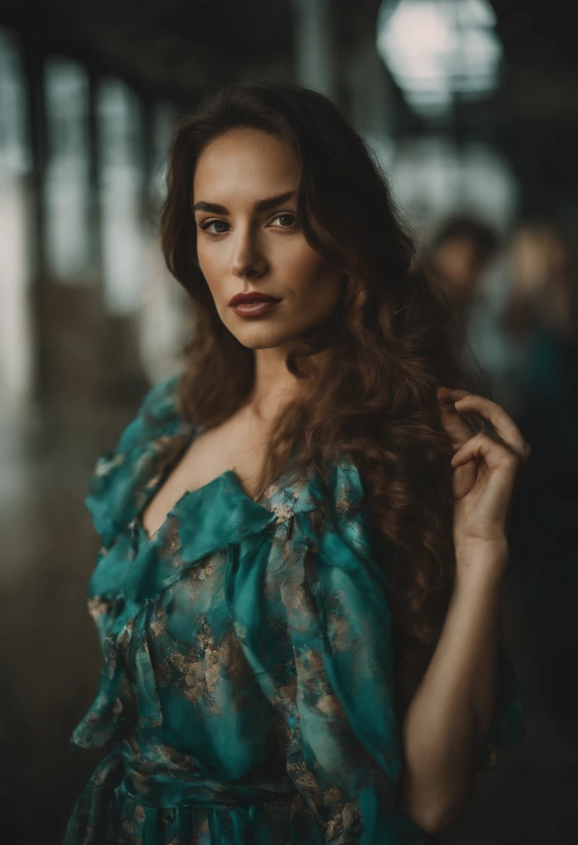 model on runway, in the style of experimental photography, multiple pose lomography, glitch gum bichromate, teal, expanded portraiture, printed matter, uhd image, color light saturated, long exposure, creative and unconventional angles