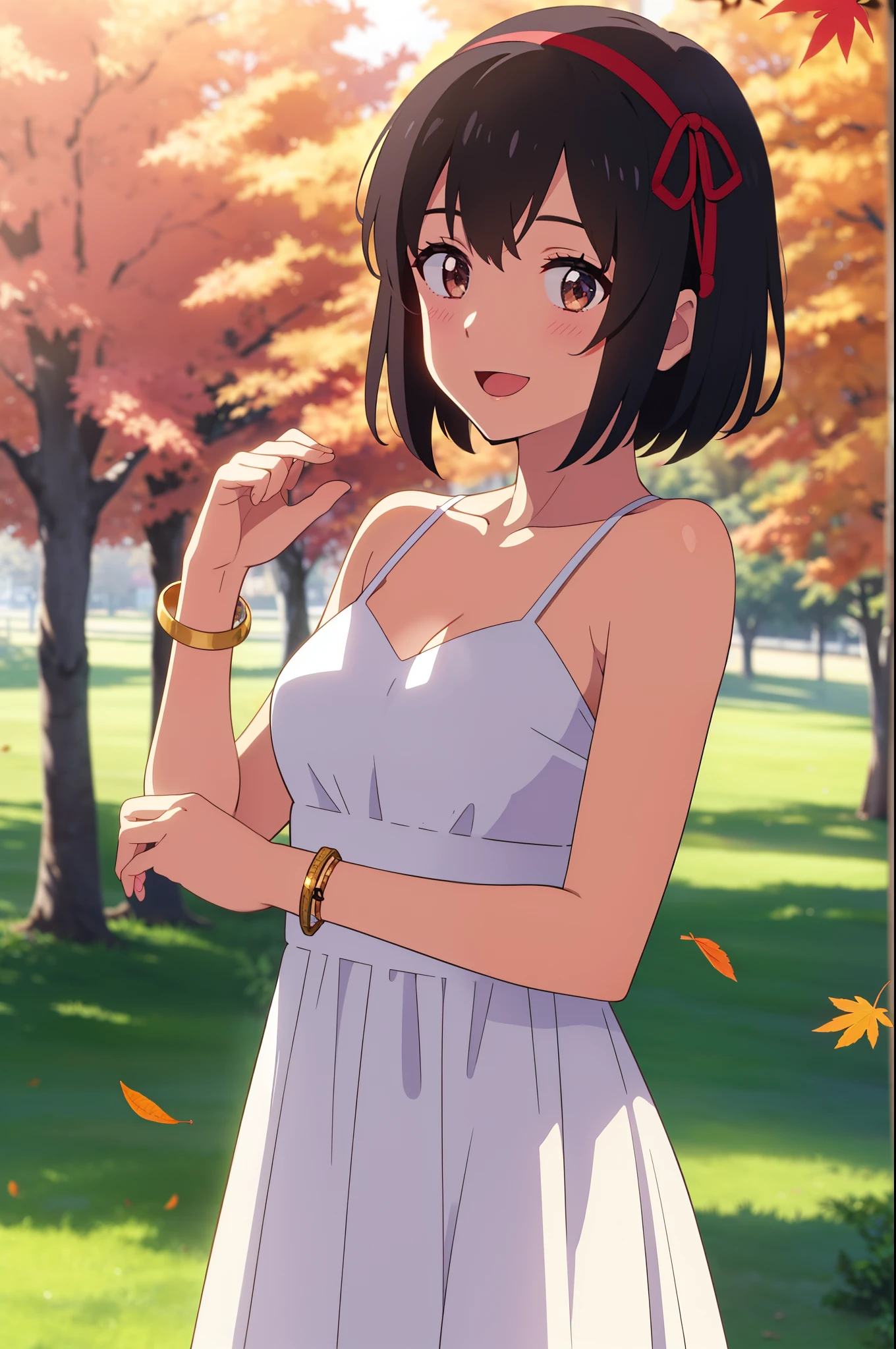 (masterpiece, best quality, high quality, highres, ultra-detailed), shinkai makoto, kimi no na wa., 1girl, bangs, black hair, blush, bright eyes, brown eyes, headband, looking at the viewer, red bow, red headband, red ribbon, dress, white dress, short hair, medium breasts, solo,  day, Outdoors, shiny skin, standing, shadow, smile, happy, :D, bracelet, upper-body, {{{{{{in autumn}}}}}}, maple tree, falling leaves, autumn scenery, warm color., beautiful, pretty, {{{{fluttering leaves}}}}