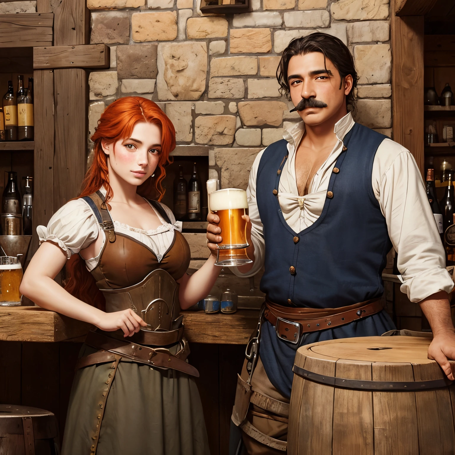 Oil Painting, Slightly brown mustached Hispanic blacksmith Male in European medieval times , drinking a beer, gazing at a beautiful redhead barmaid with heavily freckled face.
