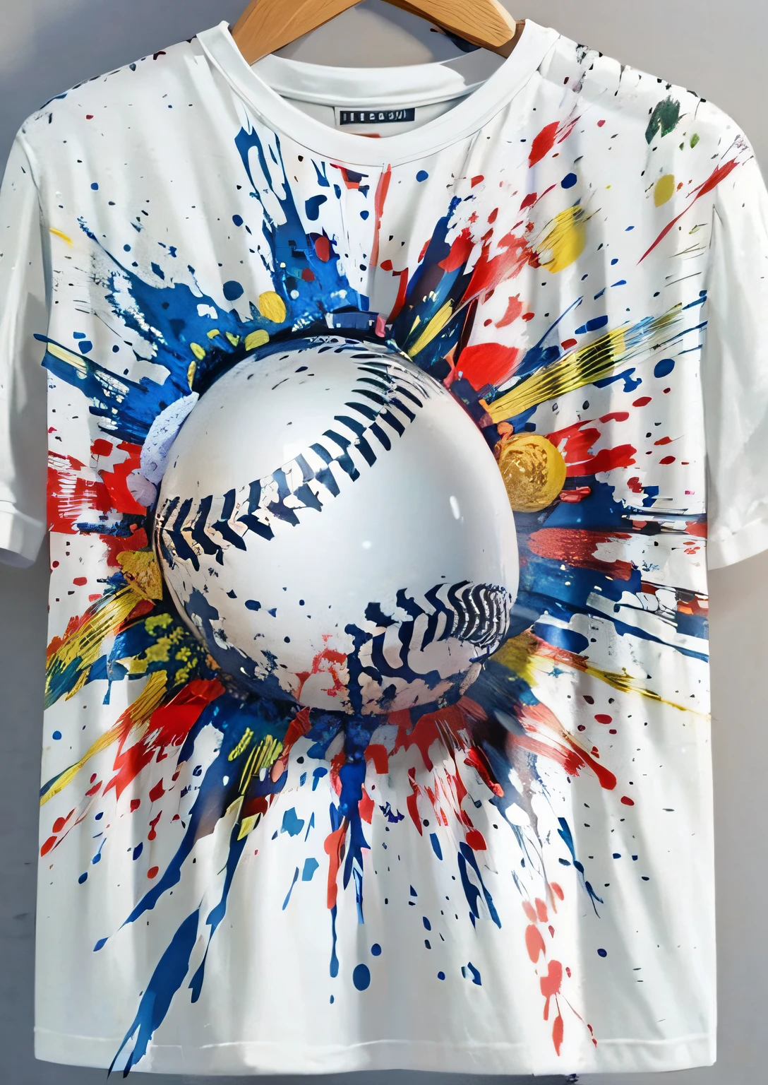 uma bola de beisebol pintada, Splatter de tinta, arte multicolorida da camiseta, Splatter de tinta, Tinta Splatter, Splatter, Splatterpaint, arte da camisa, respingo de tinta, Tinta borrifada, salpicos de cor, Splatter's spectacular explosion, manchas de sangue na camisa, respingo de tinta no centro inferior, camiseta esportiva, respingo de cor