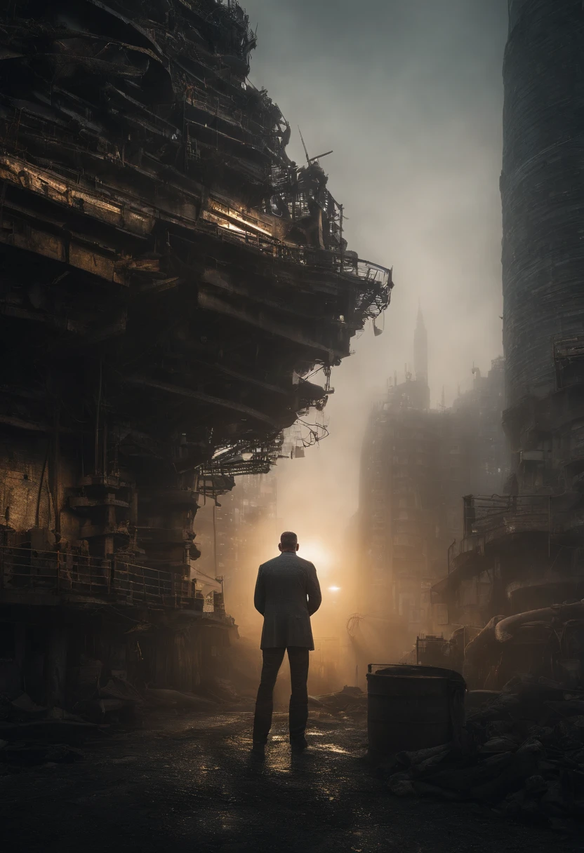 cinematic moody lit dawn, the sun struggles to penetrate the smog above the cybernetic city, where augmented individuals begin their day in the maze of steel and digital billboards, man standing