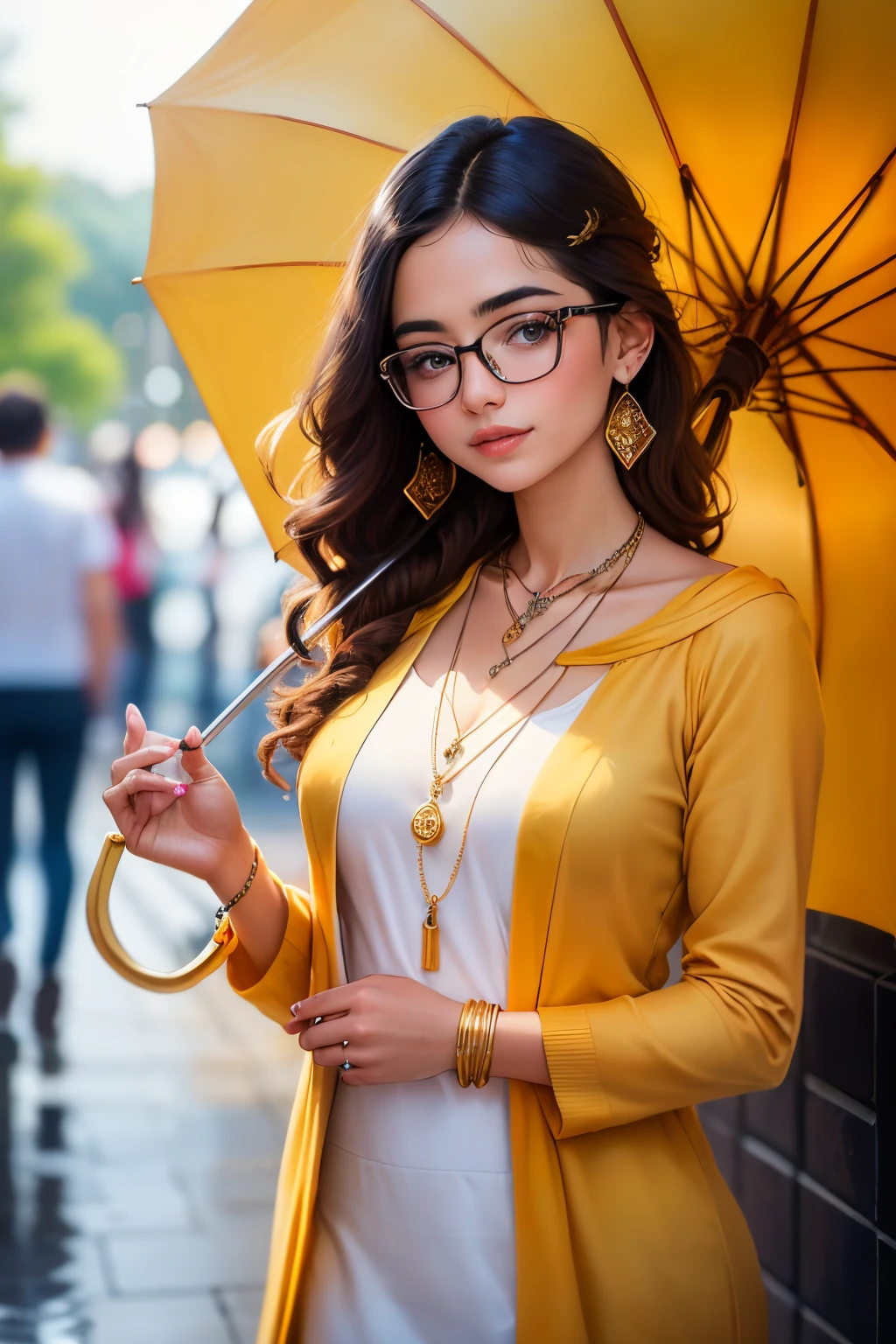 arafed girl with glasses and a necklace holding a umbrella, wearing jewellery, very very low quality picture, wearing gold jewellery, wearing gold chain, student, wearing several pendants, taken with sony alpha 9, wearing elegant jewellery, with lovely look, with kind face, young girl, inspired by Odhise Paskali, full - view, very beautiful girl