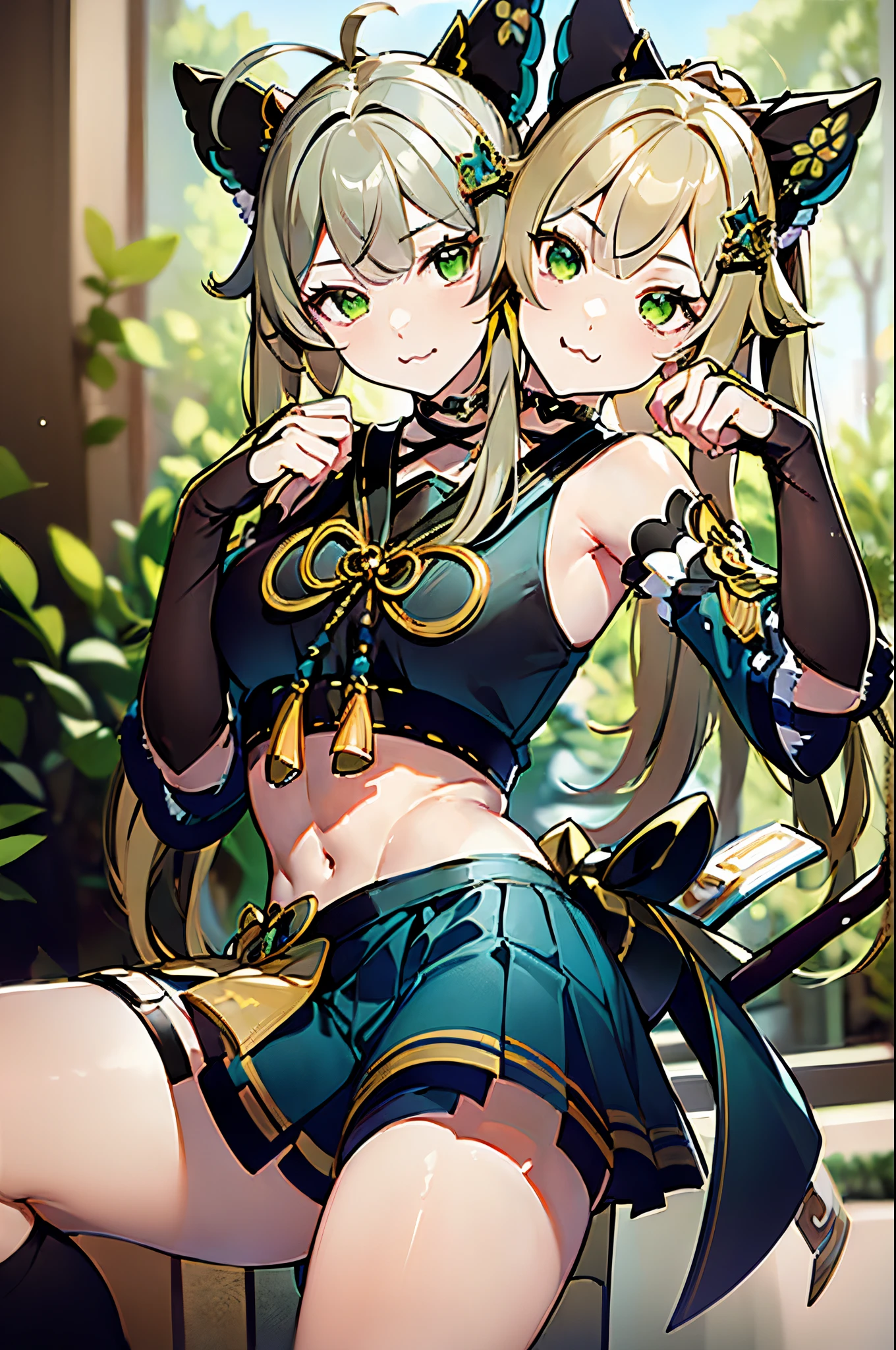 (2heads:1.5), 1girl, beautiful, green eyes, blonde hair, green eyes, ahoge, hair ornament, bare shoulders, black crop top, navel, detached sleeves, elbow gloves, fingerless gloves, tail, and skirt, nya, :3, (masterpiece), (high quality), (best resolution)