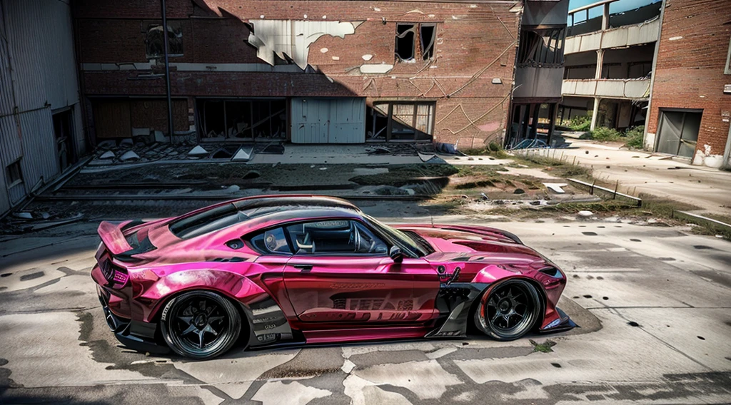 Supercar concept art((pink and black paintwork)), LB-Silhouette WORKS body kit, Forza horizon, gran Turismo aesthetic, trending on artstation, cgsociety, side angle shot, custom design build, cinematic composition, sd HDR studio light, sharp details, crisp, accurate, meticulous, assaul vehicle, military grade, 3ds max, corona render, sharp, focus, menacing look, large rear spoiler, high performance enhanced exhaust system, ((liberty walk body kit)); photo realistic, insanely detailed, ray tracing, subsurface scattering 8k, ((parked in an abandoned warehouse, derelict and lifeless space)), directional lighting, hazy and atmospheric, ominous, stealth built, highly detailed racing interior,