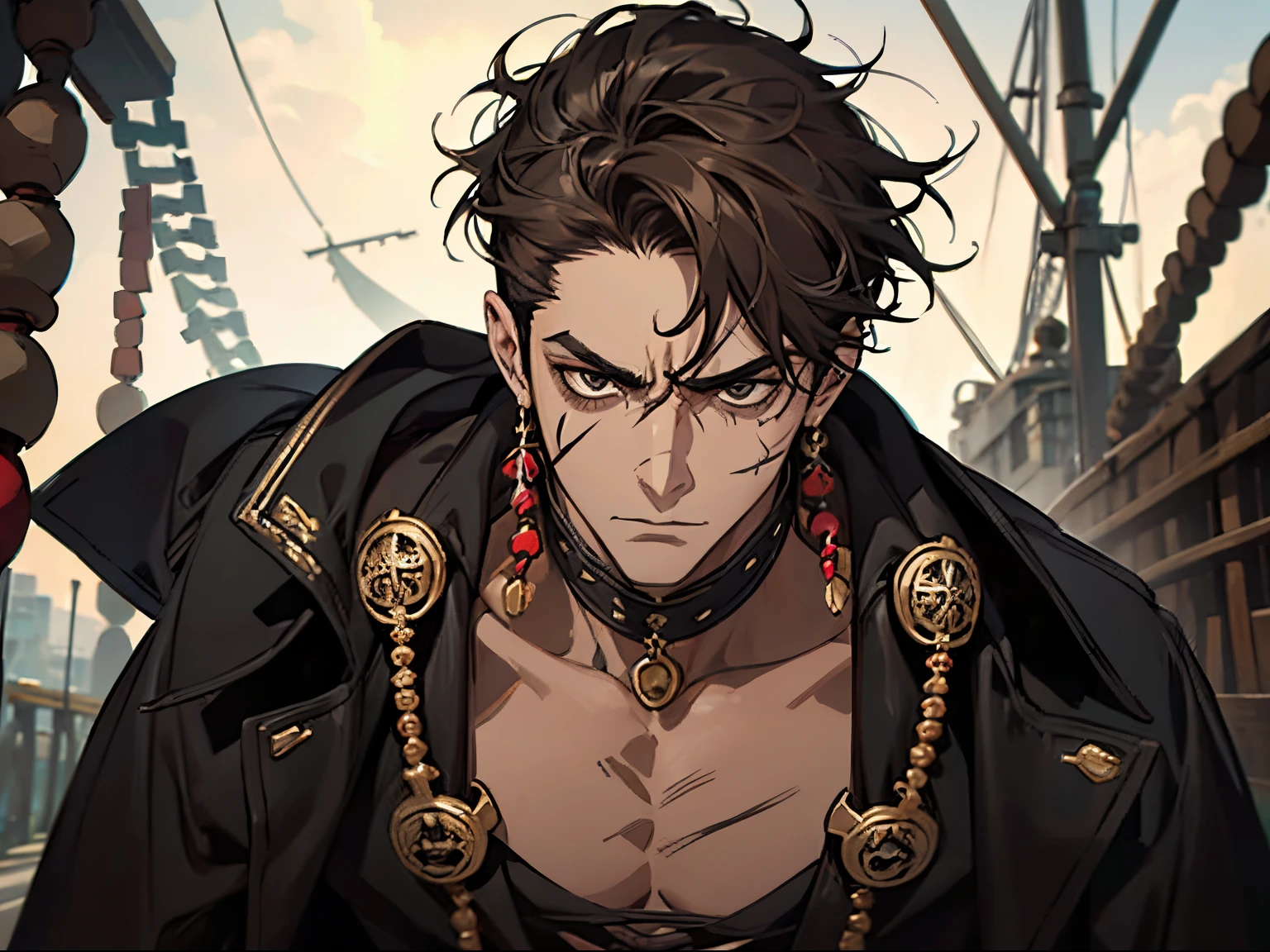 man, mature appearance, pirate, short brown curly hair, beads in hair, black eyes, scar on nose, black cat on shoulder, menacing expression, furrowed eyebrows