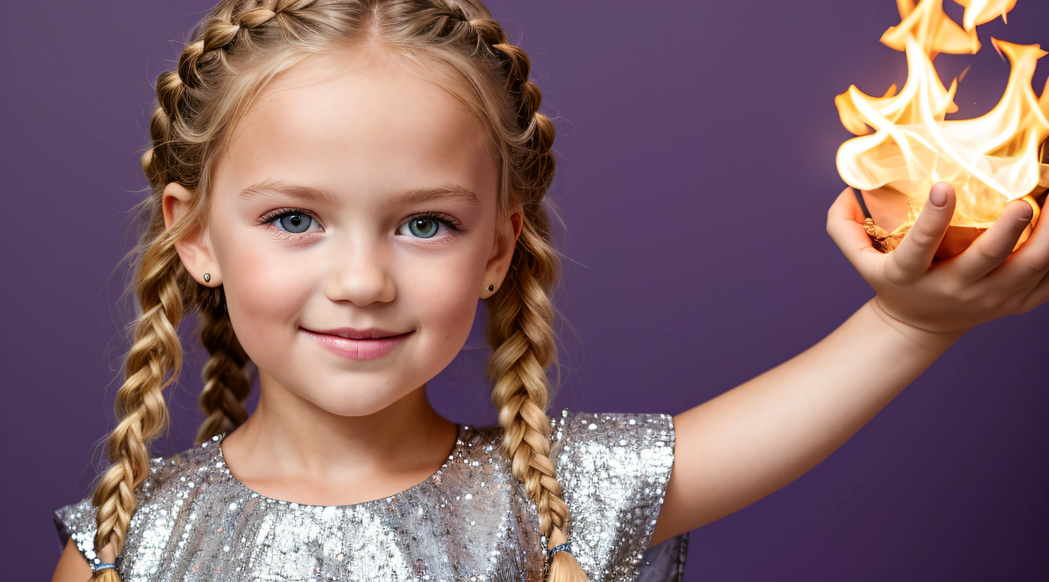 close-up CHILDREN BLONDE GIRL WITH LONG HAIR BRAIDS, em um fundo ROXO., usando um vestido prateado, vestido prateado e halo em chamas, Studio photo session, fundo branco.