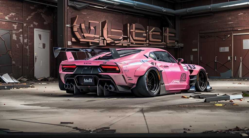 Supercar concept art((pink and black paintwork)), LB-Silhouette WORKS body kit, Forza horizon, gran Turismo aesthetic, trending on artstation, cgsociety, side angle shot, custom design build, cinematic composition, sd HDR studio light, sharp details, crisp, accurate, meticulous, assaul vehicle, military grade, 3ds max, corona render, sharp, focus, menacing look, large rear spoiler, high performance enhanced exhaust system, ((liberty walk body kit)); photo realistic, insanely detailed, ray tracing, subsurface scattering 8k, ((parked in an abandoned warehouse, derelict and lifeless space)), directional lighting, hazy and atmospheric, ominous, stealth built, highly detailed racing interior,