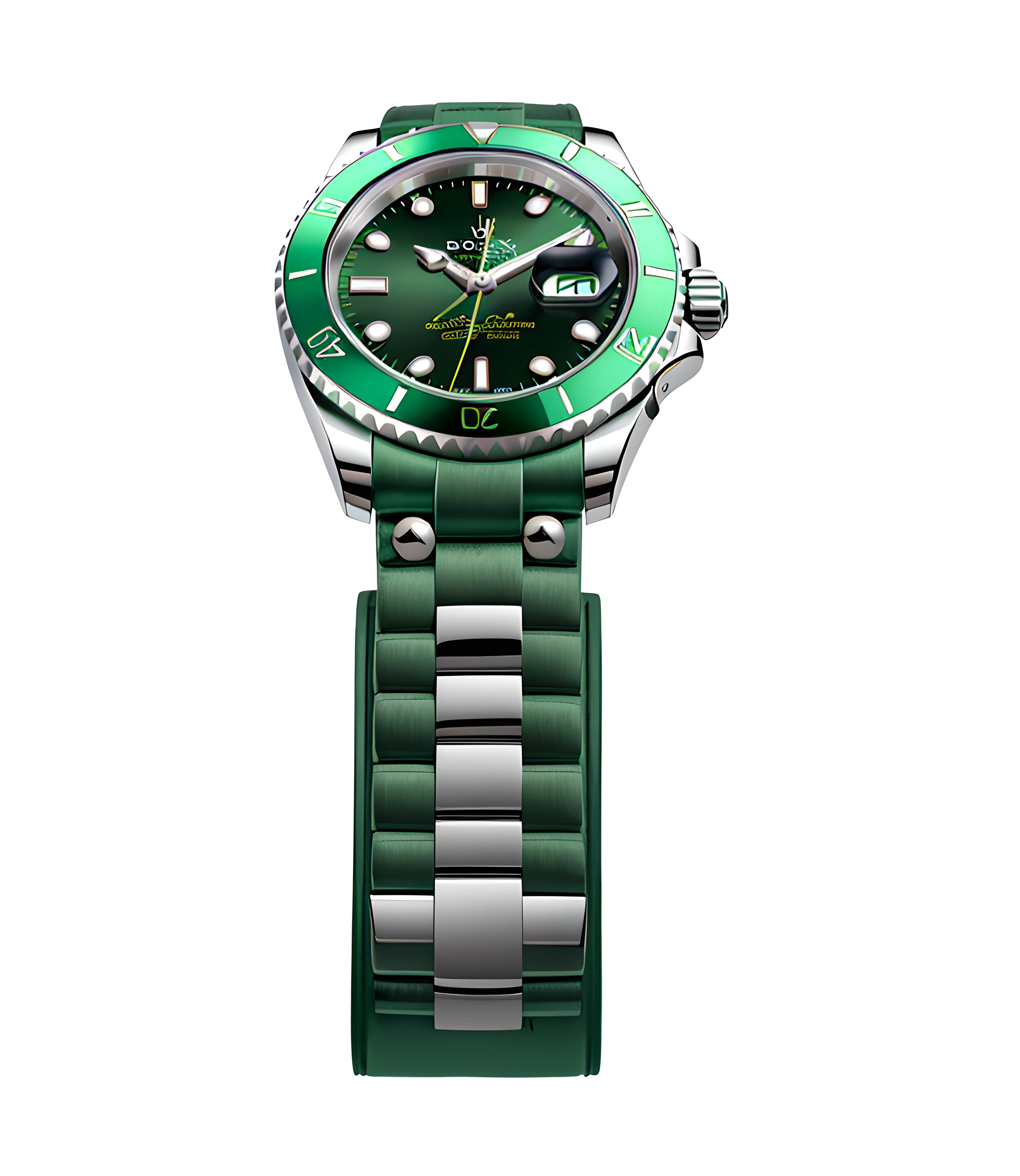 a close up of a watch with a green bezel, rolex, green bioluminescent chrometype, highend, vtm, metalic green, watches, tudor, hyper realistic, a hyper realistic, hyper-realistic, hyper - realistic, deep green, silver sports watch, deep depth, in style of ultra realistic, omega, black and green