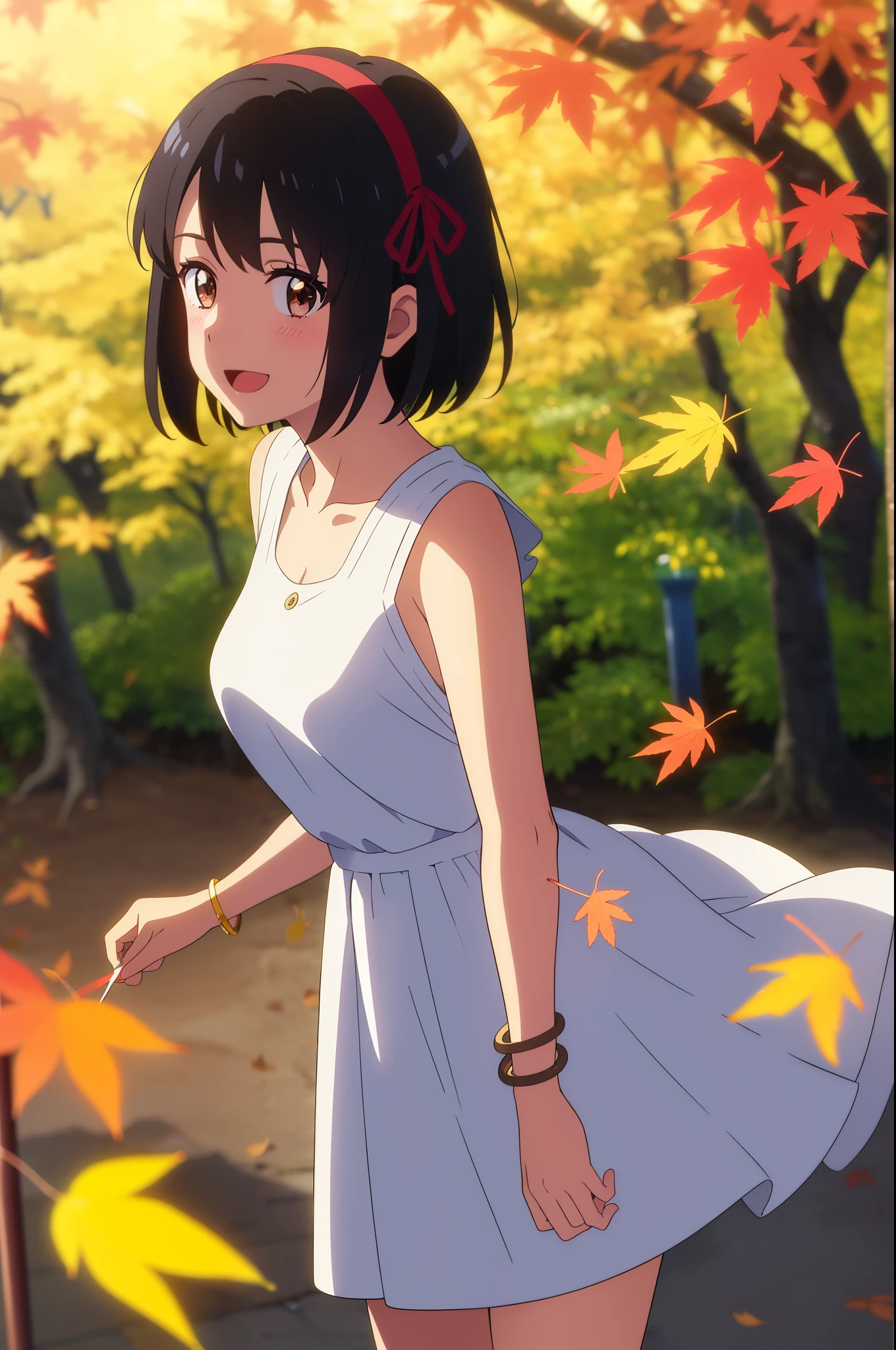 (masterpiece, best quality, high quality, highres, ultra-detailed), shinkai makoto, kimi no na wa., 1girl, bangs, black hair, blush, bright eyes, brown eyes, headband, looking at the viewer, red bow, red headband, red ribbon, dress, white dress, short hair, medium breasts, solo, day, Outdoors, shiny skin, standing, shadow, smile, happy, :D, bracelet, upper-body, {{{{{{in autumn}}}}}}, maple tree, falling leaves, autumn scenery, warm color., beautiful, pretty, {{{{fluttering leaves}}}}