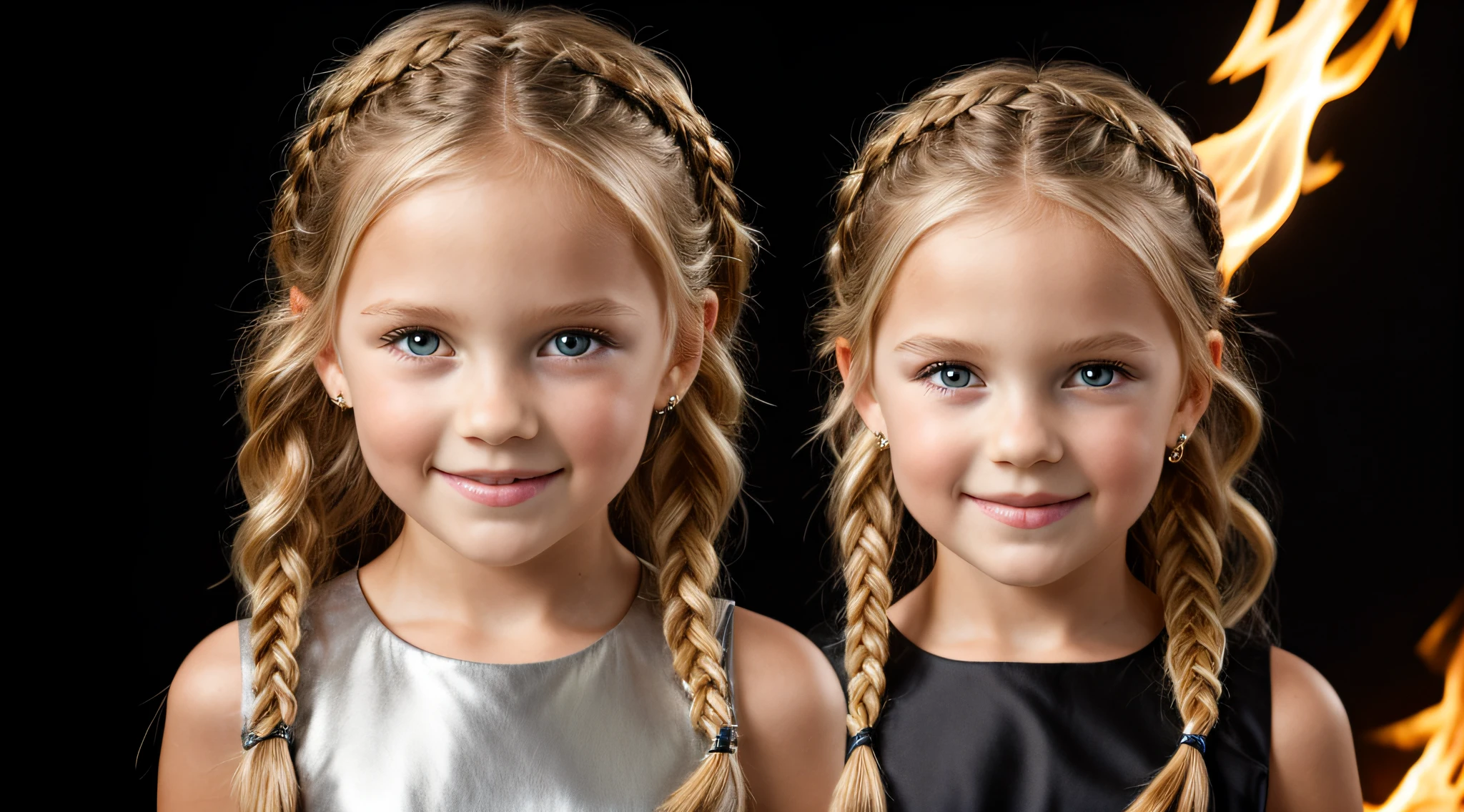 close-up CHILDREN BLONDE GIRL WITH LONG HAIR BRAIDS, em um fundo PRETO., usando um vestido prateado, vestido prateado e halo em chamas, Studio photo session, fundo branco.