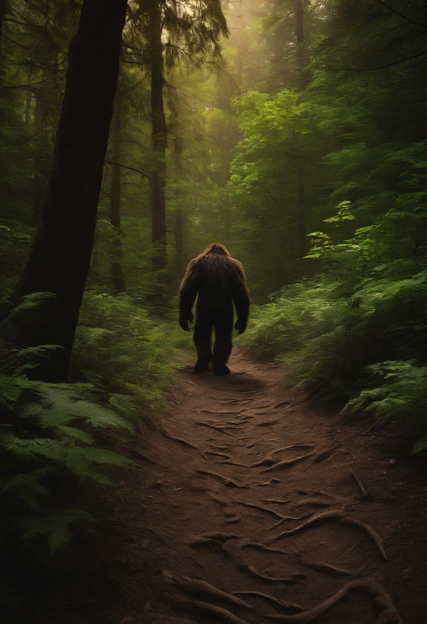 A mysterious and shadowy image of large footprints in the forest, surrounded by dense foliage and towering trees.,original,sasquatch, big foot, hairy, covered in hair, male